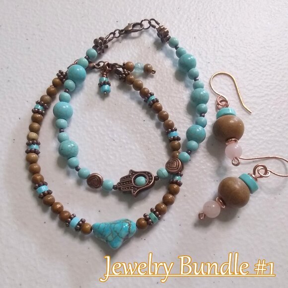 Jewelry Bundle #1: Tan, Copper, Aqua +Turquoise! 2 Slim Bracelets + Earrings - Picture 12 of 13